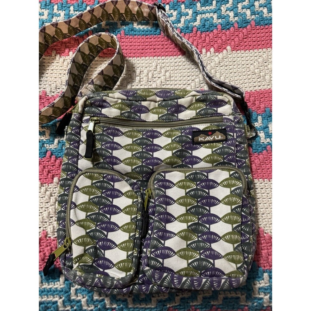 KAVU Green And Purple Canvas Zip Up Pockets Adjustable Corssbody Hand Bag